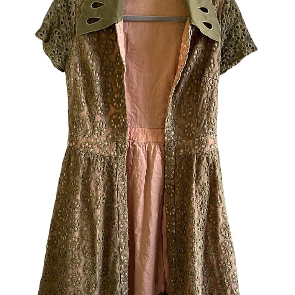Anthropologie Ark and Co Olive Green Peplum Ruffled Lace Overlay Dress Medium - Picture 6 of 10